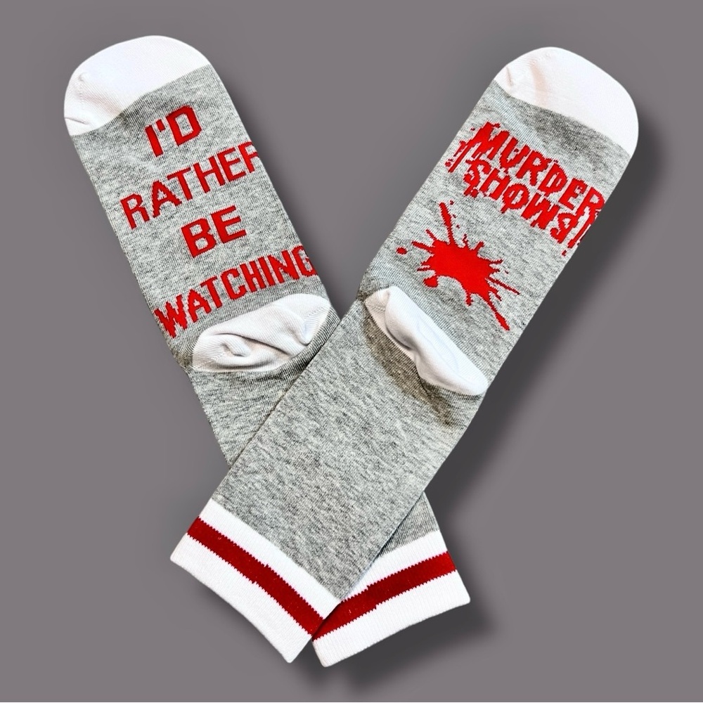2 Pairs NWT Novelty Gift Crew Socks I’d Rather Be Watching Murder Shows OS Gray